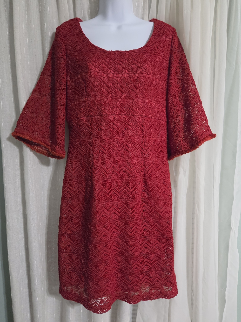 Chris McLaughlin Red Crochet Mini Dress with Scoop Neck & Flare Sleeves